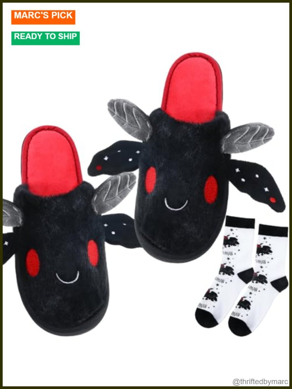 Mothman Plush Slippers with Socks Set Warm Furry Lined Non Slip Rubber Sole